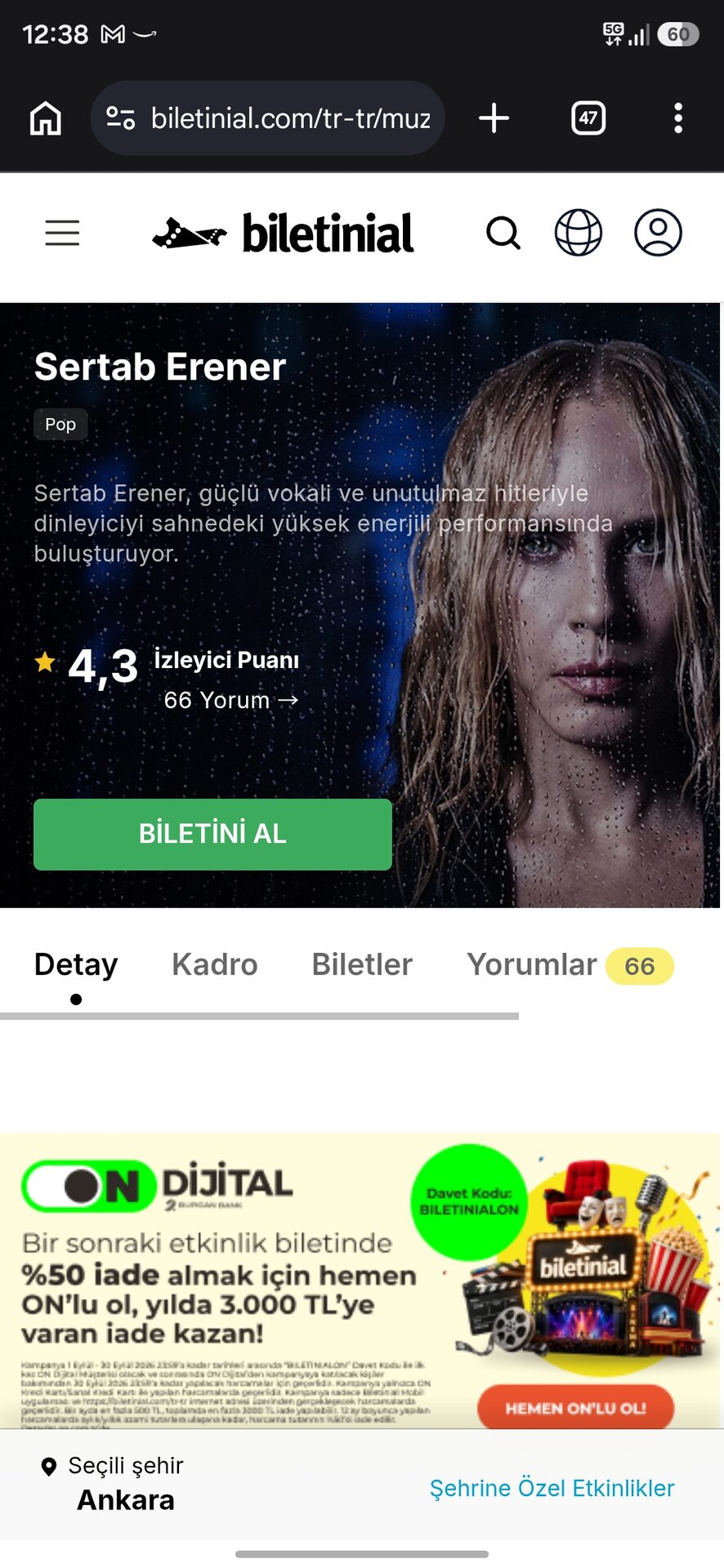 Ankara Sertab Erener Konseri 12 Eylül Cift Kisilik Bilet