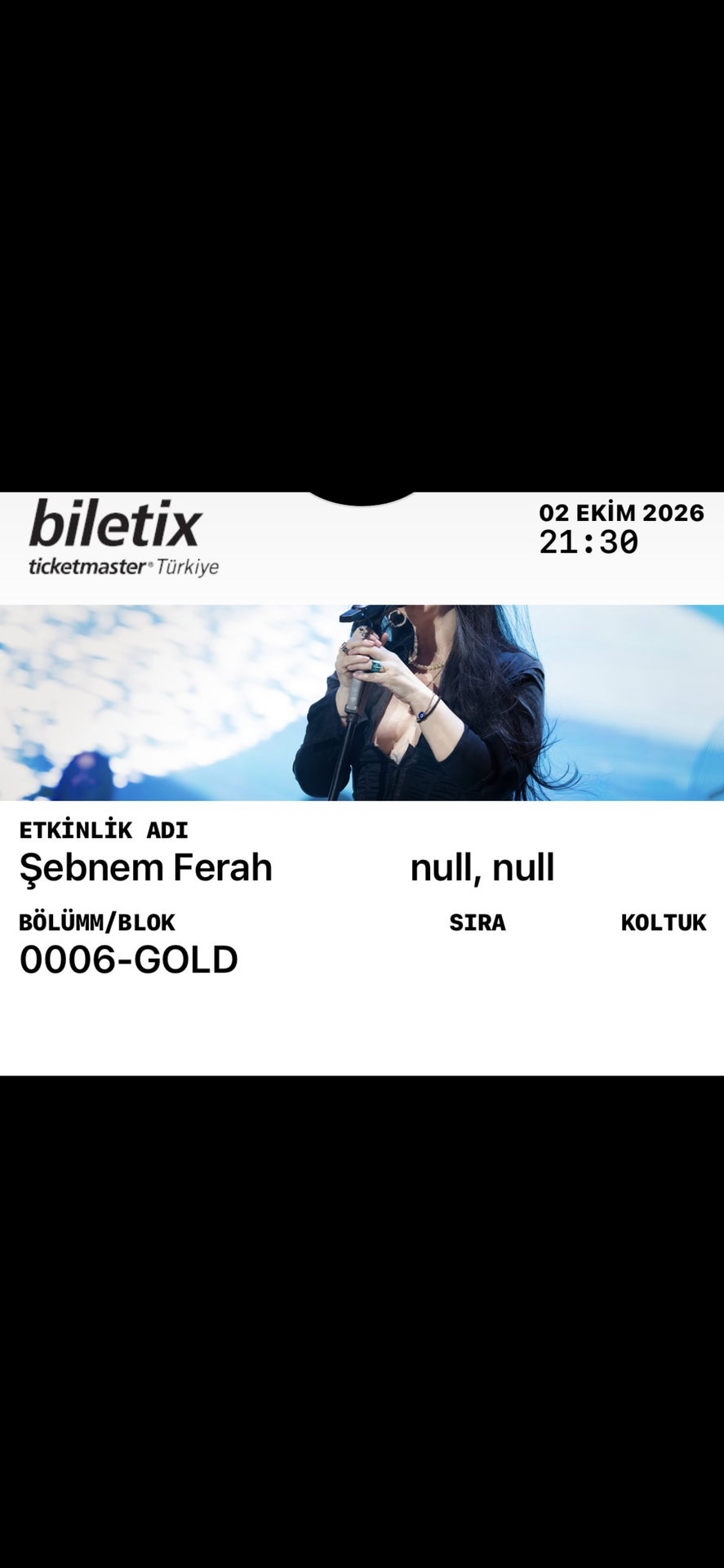 Şebnem Ferah-2 Ekim Ankara Konseri Gold Bilet