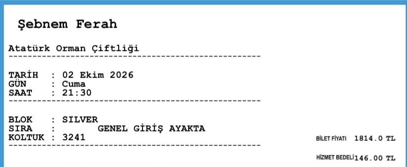 Şebnem ferah 2 Ekim Ankara konser bileti 3 adet