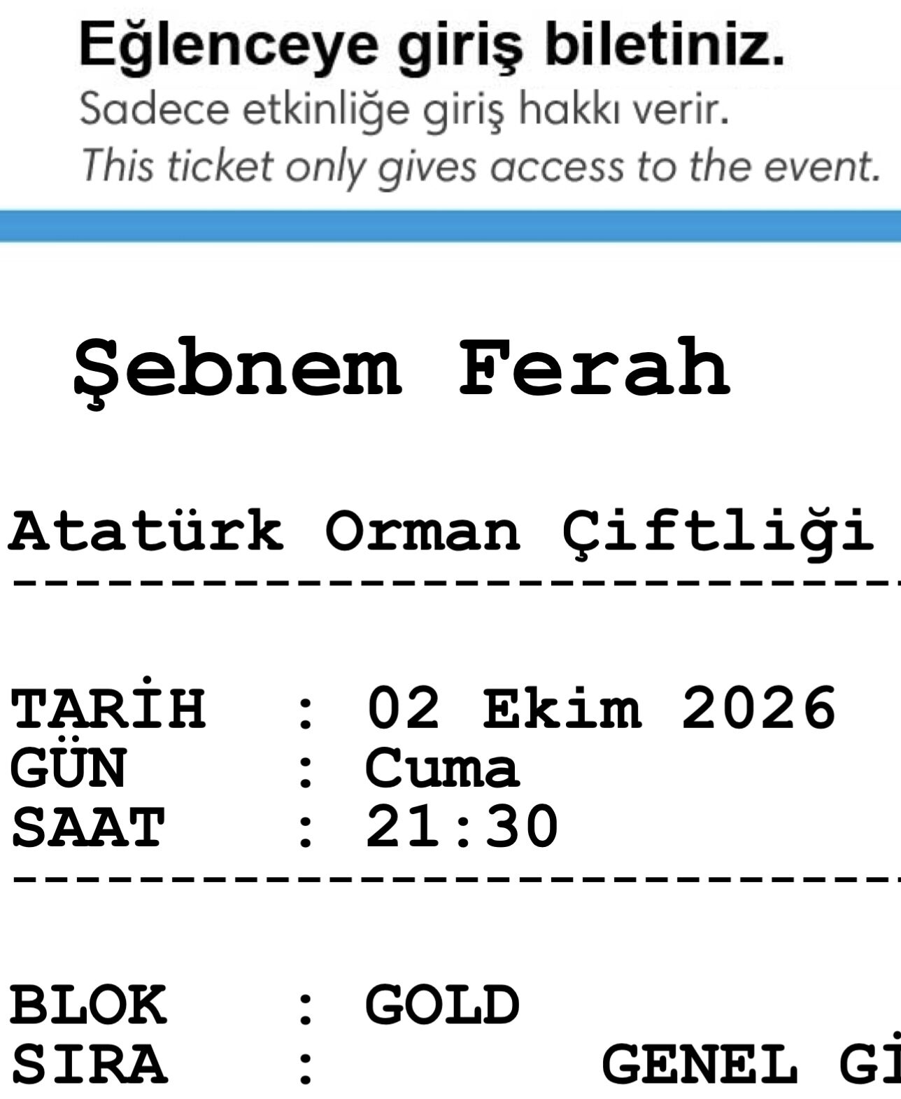 2 Ekim Ankara Şebnem Ferah Konseri 2 adet Gold bilet